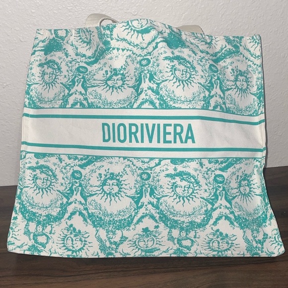 New Christian Dioriviera Teal and White Sun Novelty Tote Bag - Picture 2 of 6